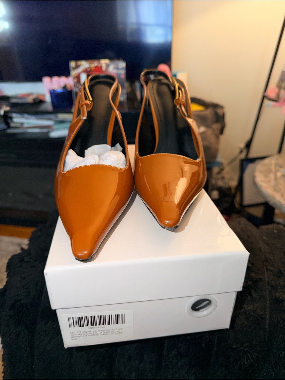 Patent Leather Slingback Pointed Toe Flats in Cognac